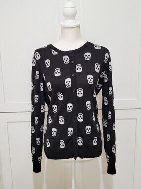 ModCloth Black Silver Skull Cardigan Sweater Goth Halloween Women’s XL